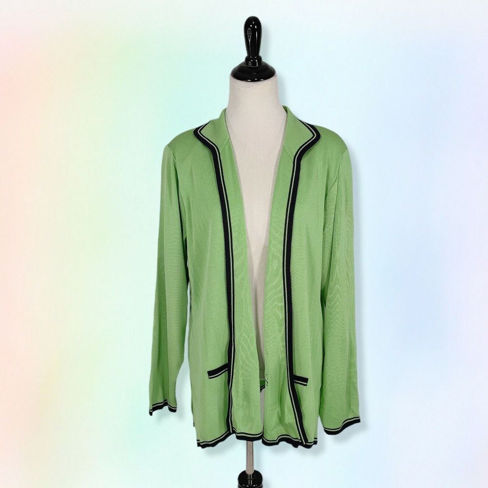 Exclusively Misook Womens Green Knit Cardigan Open Front Trimmed‎ Sweater Large
